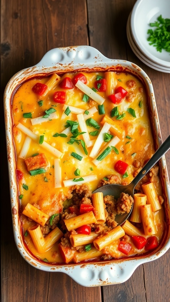 A golden-brown casserole with cheese, pasta, and vegetables in a 9x9 dish on a wooden table.